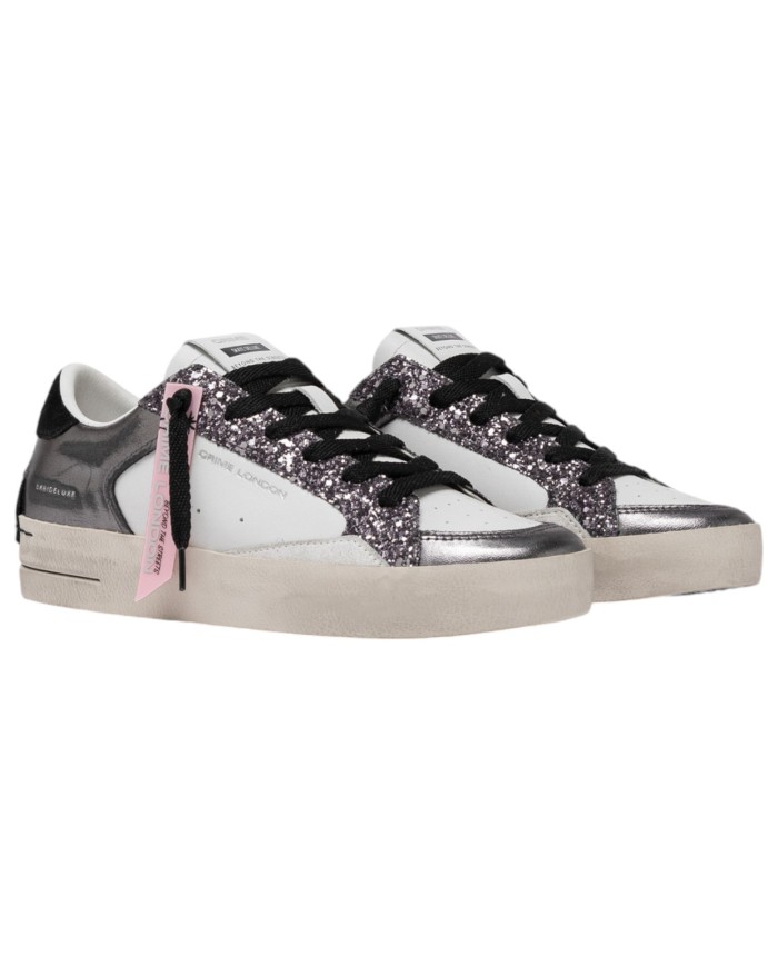 Sneaker Donna Crime London Sk8 Deluxe To The Moon Glitter Leather Suede White Silver