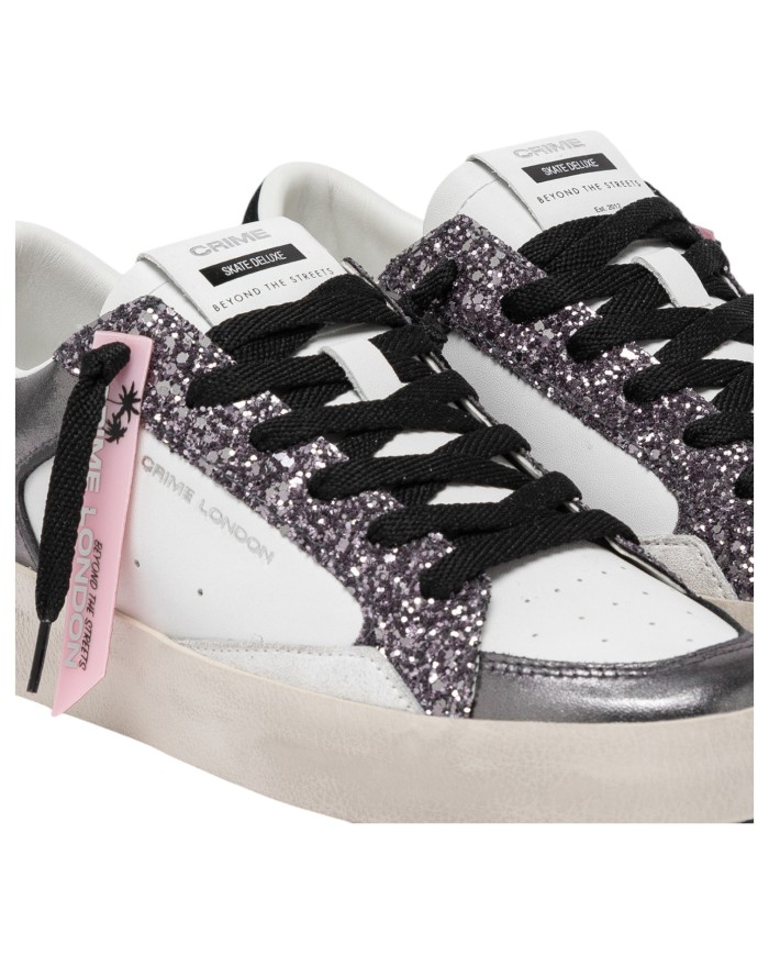 Sneaker Donna Crime London Sk8 Deluxe To The Moon Glitter Leather Suede White Silver