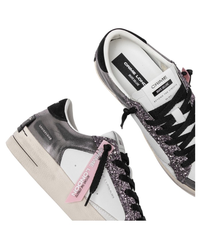 Sneaker Donna Crime London Sk8 Deluxe To The Moon Glitter Leather Suede White Silver