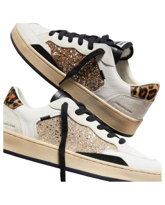 Sneaker Donna Crime London Chelsea Gold Animalier Glitter Leather Suede White