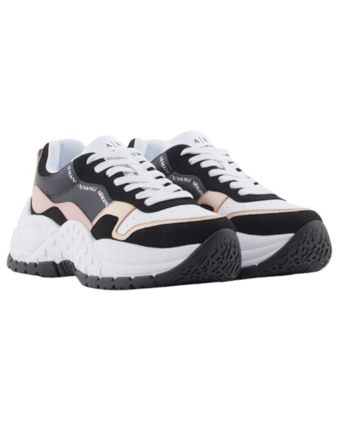 Sneaker Donna Armani Exchange Chunky Suede Leather Opal White Black Rose