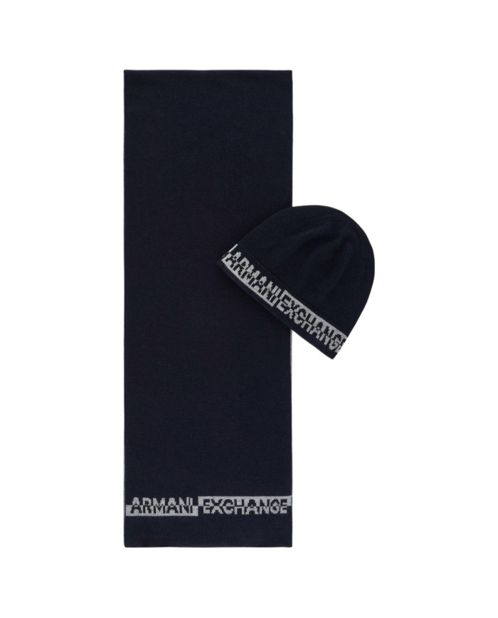 Sciarpa E Cappello Uomo Armani Exchange Line Logo Set Navy Grey