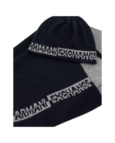Sciarpa E Cappello Uomo Armani Exchange Line Logo Set Navy Grey
