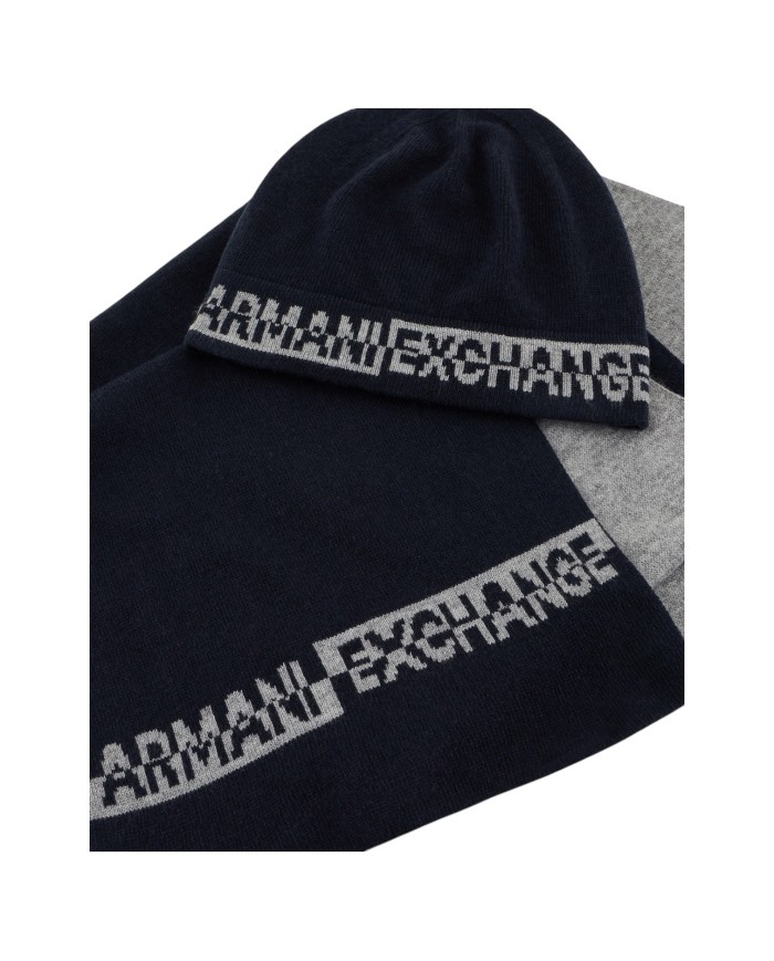 Sciarpa E Cappello Uomo Armani Exchange Line Logo Set Navy Grey