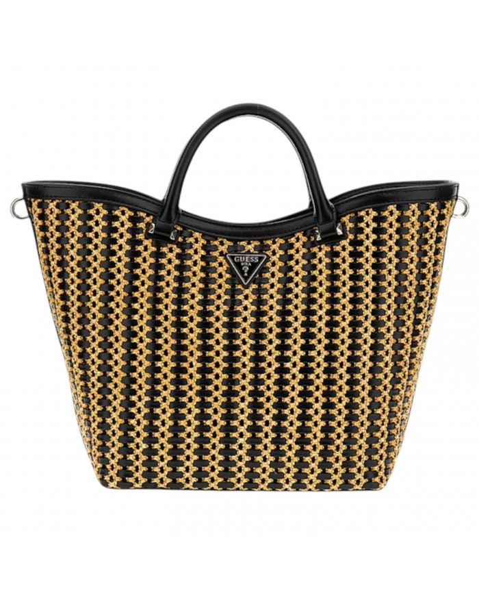 Borsa A Mano Donna Guess Atalia Con Tracolla Rafia Leather Natural Black