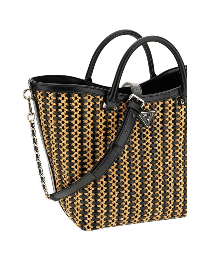 Borsa A Mano Donna Guess Atalia Con Tracolla Rafia Leather Natural Black