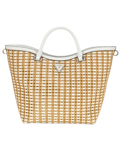 Borsa A Mano Donna Guess Atalia Con Tracolla Rafia Leather Natural White