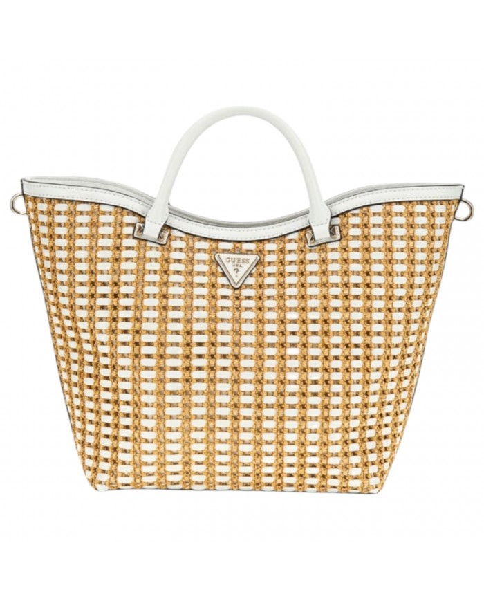 Borsa A Mano Donna Guess Atalia Con Tracolla Rafia Leather Natural White
