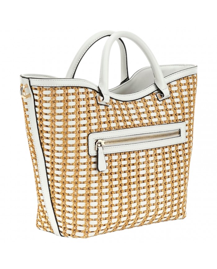 Borsa A Mano Donna Guess Atalia Con Tracolla Rafia Leather Natural White