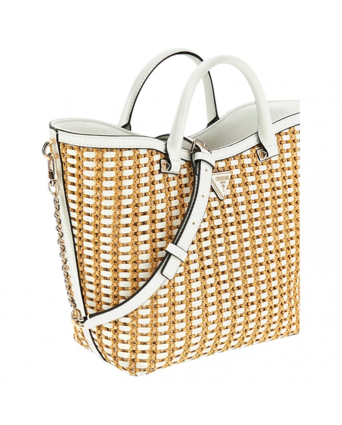 Borsa A Mano Donna Guess Atalia Con Tracolla Rafia Leather Natural White