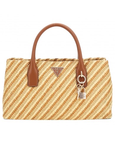 Borsa A Mano Donna Guess Simona Con Tracolla Rafia Leather Natural Cognac