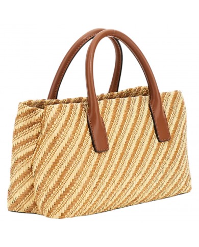 Borsa A Mano Donna Guess Simona Con Tracolla Rafia Leather Natural Cognac