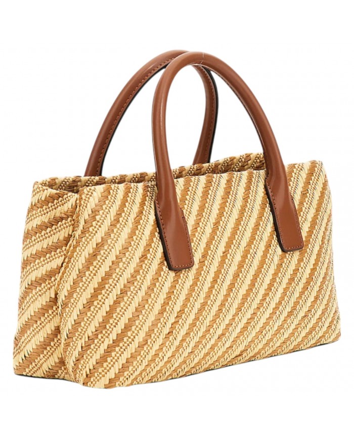 Borsa A Mano Donna Guess Simona Con Tracolla Rafia Leather Natural Cognac