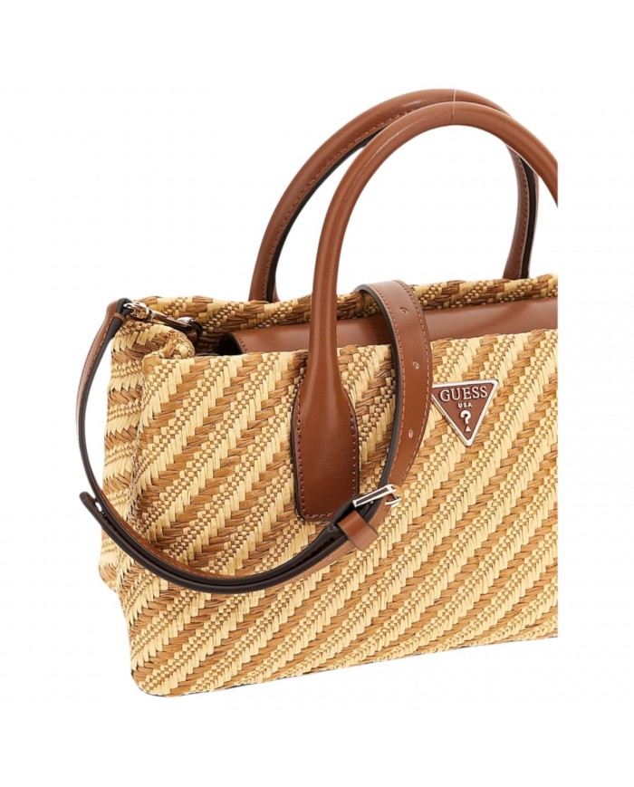 Borsa A Mano Donna Guess Simona Con Tracolla Rafia Leather Natural Cognac