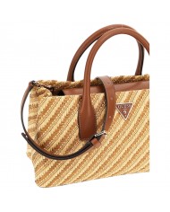 Borsa A Mano Donna Guess Simona Con Tracolla Rafia Leather Natural Cognac