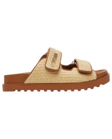 Sandalo Donna Guess Ciabatta Fadelize Guess Logo Doppio Strap Rafia Leather Tan