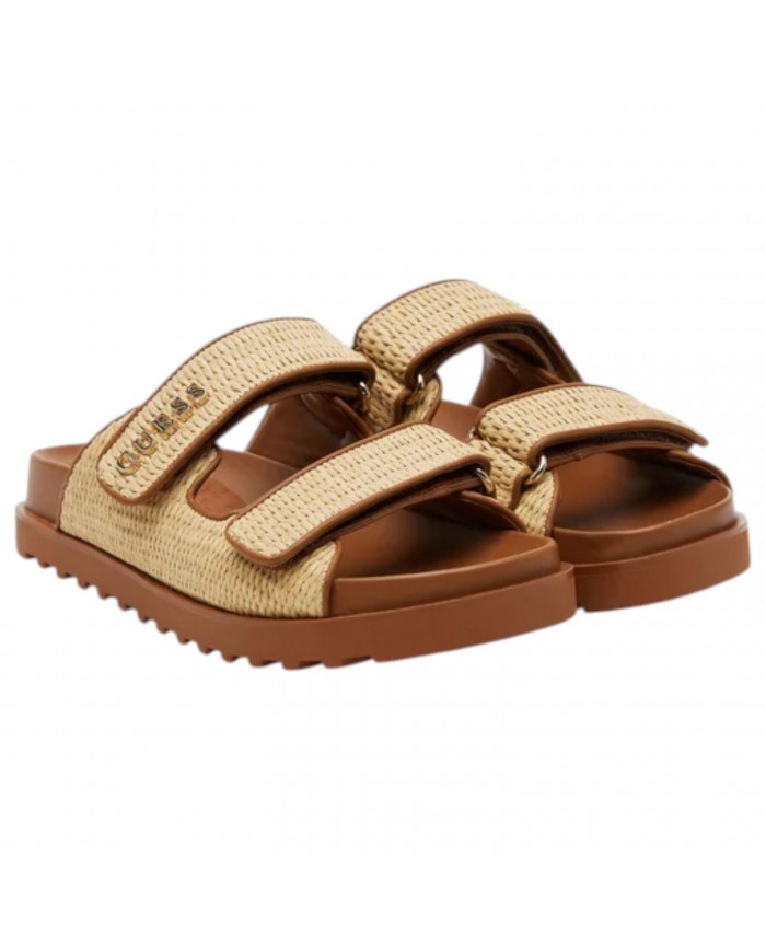 Sandalo Donna Guess Ciabatta Fadelize Guess Logo Doppio Strap Rafia Leather Tan