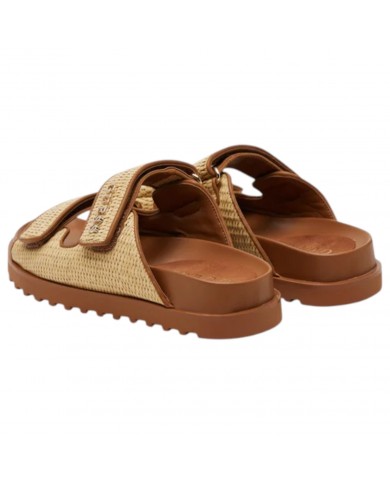 Sandalo Donna Guess Ciabatta Fadelize Guess Logo Doppio Strap Rafia Leather Tan