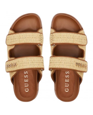 Sandalo Donna Guess Ciabatta Fadelize Guess Logo Doppio Strap Rafia Leather Tan