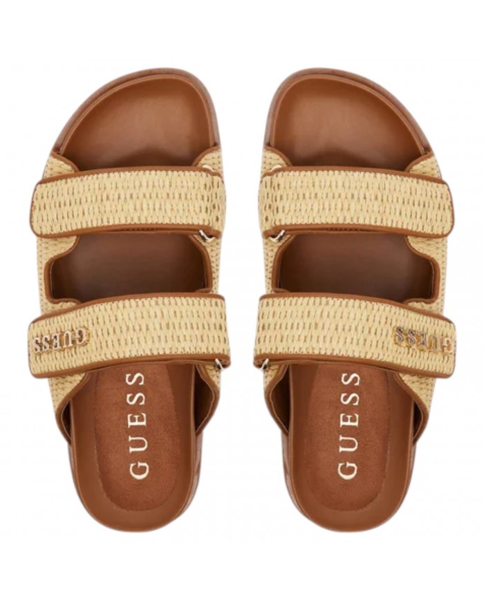 Sandalo Donna Guess Ciabatta Fadelize Guess Logo Doppio Strap Rafia Leather Tan