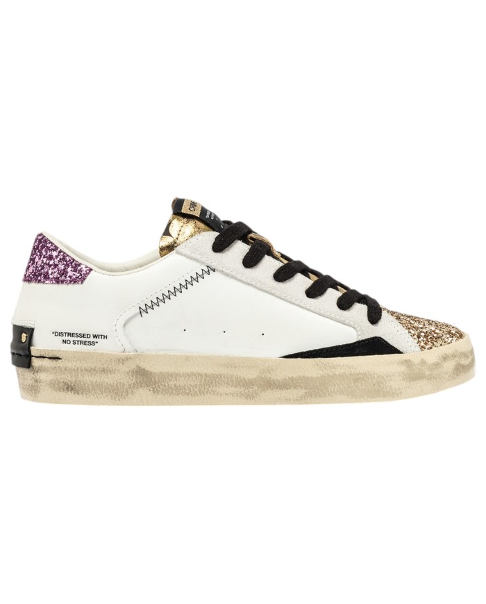 Sneakers Donna Crime London Distressed Glitter Leather White Goldrush