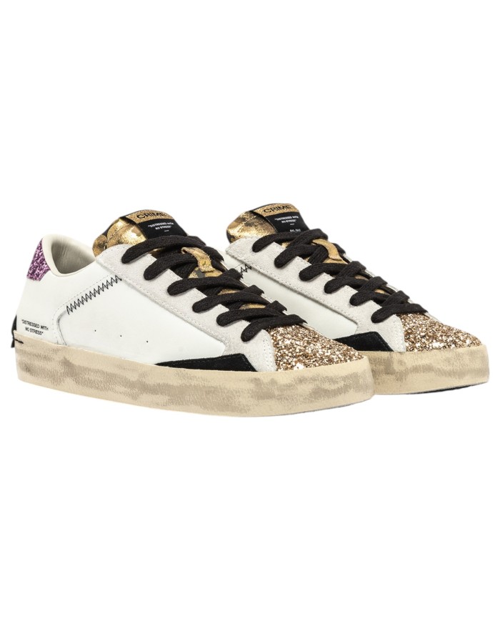 Sneakers Donna Crime London Distressed Glitter Leather White Goldrush