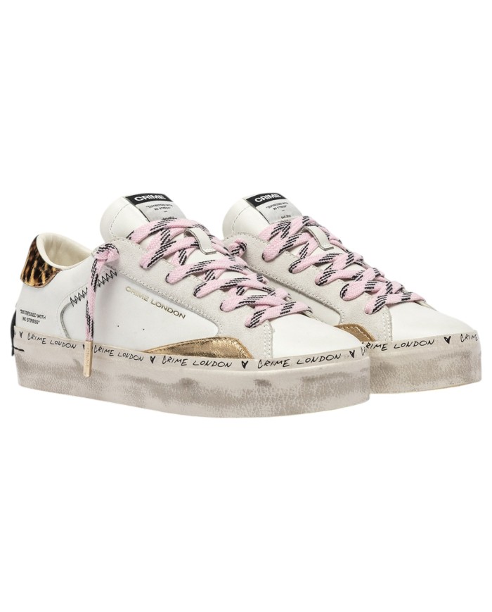 Sneakers Donna Crime London Distressed Leather White Cheetah Pop