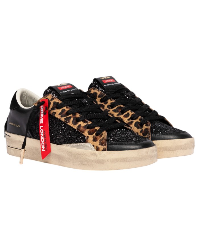 Sneakers Donna Crime London Sk8 Deluxe Glitter Leather Black Cheetah