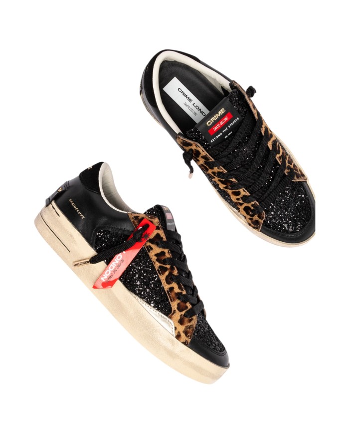 Sneakers Donna Crime London Sk8 Deluxe Glitter Leather Black Cheetah