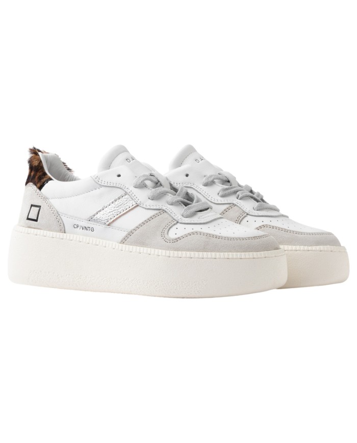Sneaker Donna Date Court Platform Vintage Calf Leather White Leopard