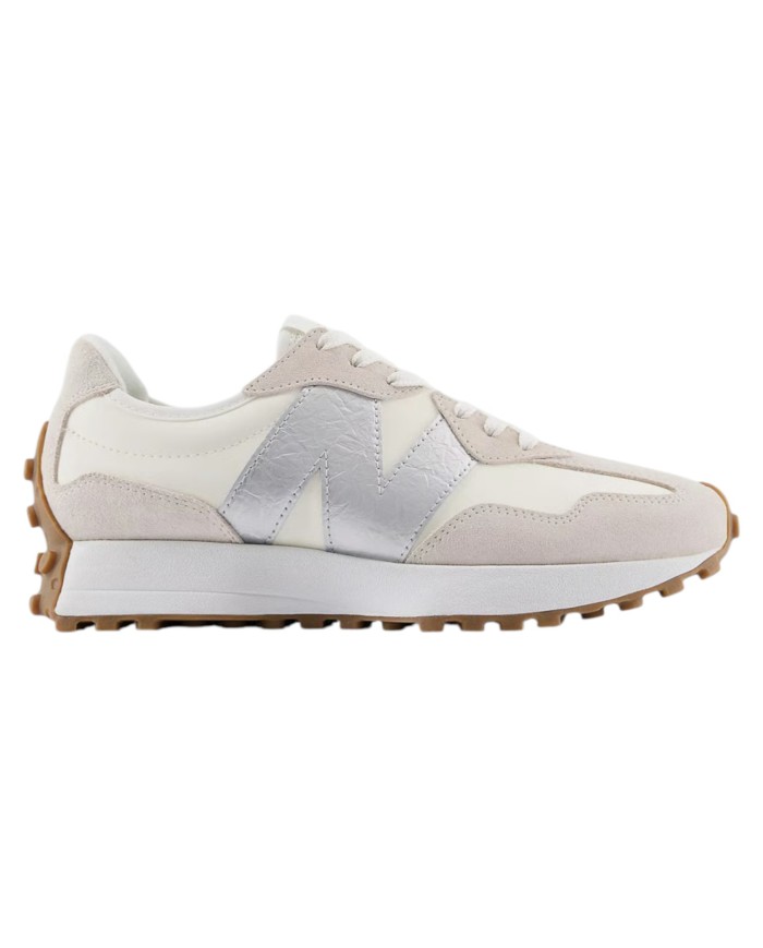 Sneakers Donna New Balance 327 Mesh Leather Suede White Angora Silver Metallic