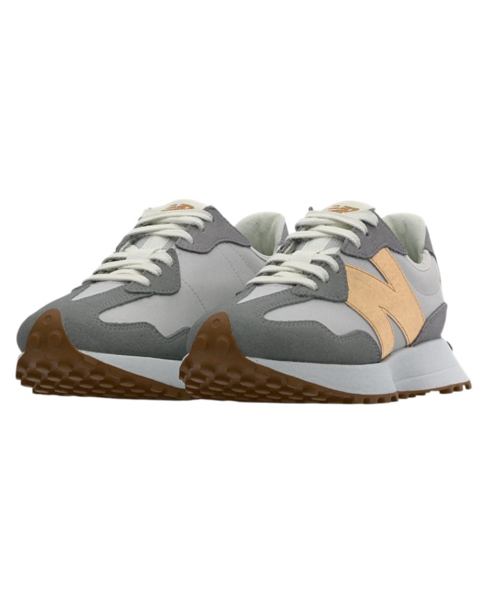 Sneakers Donna New Balance 327 Mesh Leather Suede White Grey Matter Gold Metallic