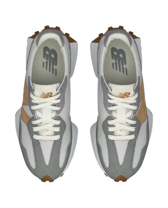 Sneakers Donna New Balance 327 Mesh Leather Suede White Grey Matter Gold Metallic