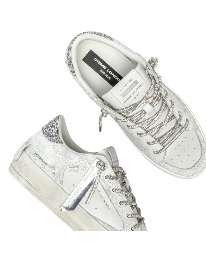 Sneakers Crime London Donna Sk8 Deluxe Heel Glitter Cracked Leather White Always Shining