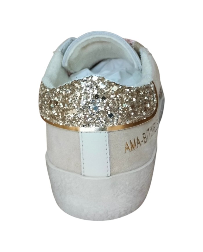 Sneakers Ama Brand Donna Sun Glitter Suede Leather White Beige