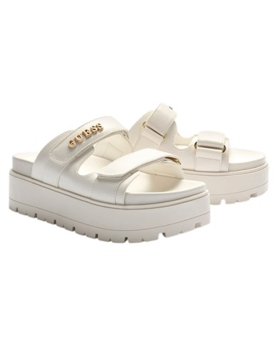 Sandalo Donna Guess Ciabatta Faxon Guess Logo Doppio Strap Leather Cream White