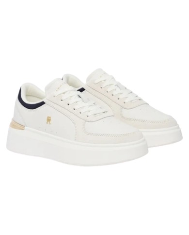 Sneakers Donna Tommy Hilfiger Th Satin Platform Leather White Ecru Space Blue