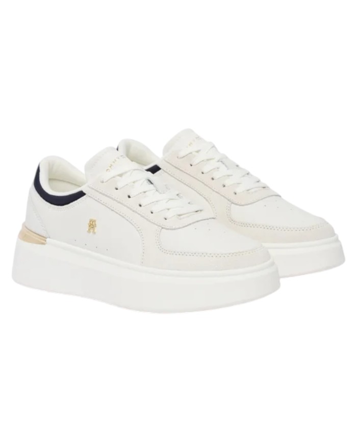 Sneakers Donna Tommy Hilfiger Th Satin Platform Leather White Ecru Space Blue