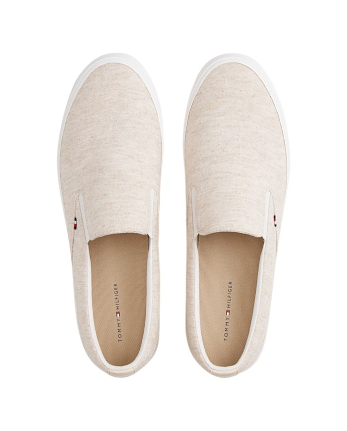 Slip On Uomo Tommy Hilfiger Harlem Core II Chambray di Lino Con logo Slip On Ecru Beige