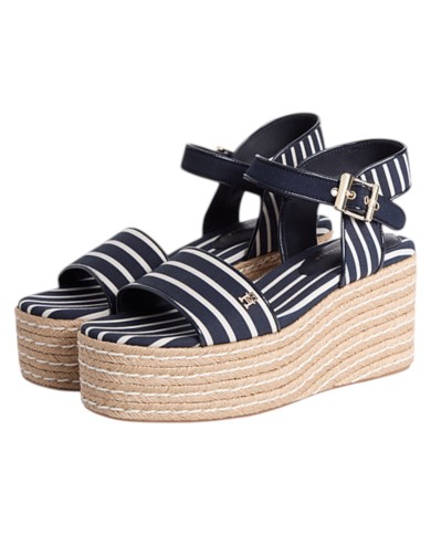 Sandalo Donna Tommy Hilfiger Platform Wedge Breton Stripes Zeppa Espadrillas Space Blue
