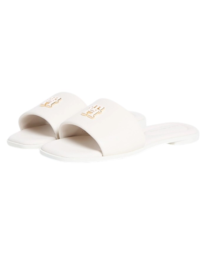 Ciabatta Donna Tommy Hilfiger Con Fascia e monogramma TH Logo Hardware Mule Leather Soft Cream
