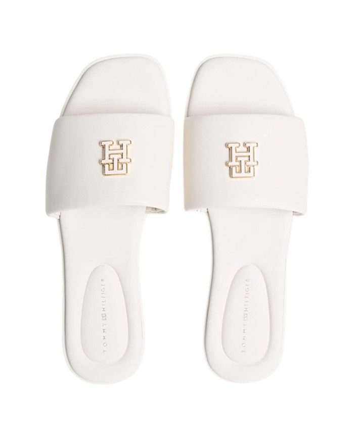 Ciabatta Donna Tommy Hilfiger Con Fascia e monogramma TH Logo Hardware Mule Leather Soft Cream