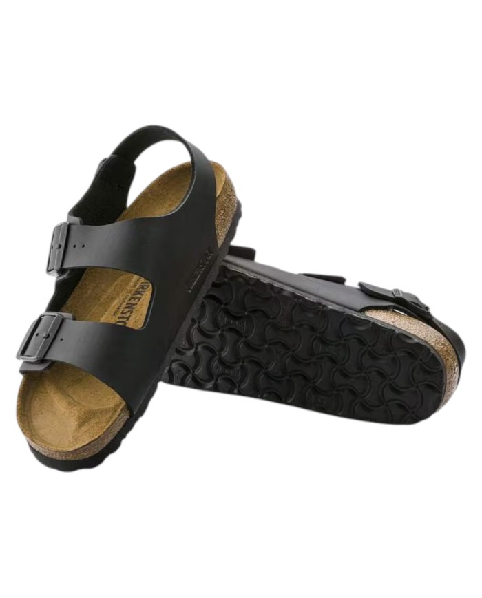 Sandalo Uomo Unisex Donna Birkenstock Milano Birko-Flor doppia Fascia In Pelle Con cinturino alla Caviglia Black
