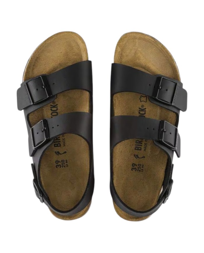 Sandalo Uomo Unisex Donna Birkenstock Milano Birko-Flor doppia Fascia In Pelle Con cinturino alla Caviglia Black