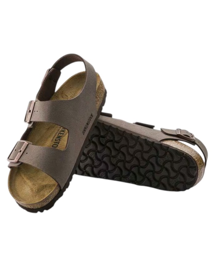 Sandalo Uomo Unisex Donna Birkenstock Milano Birko-Flor doppia Fascia In Nubuck Con Cinturino alla Caviglia Mocca