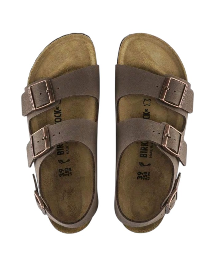 Sandalo Uomo Unisex Donna Birkenstock Milano Birko-Flor doppia Fascia In Nubuck Con Cinturino alla Caviglia Mocca