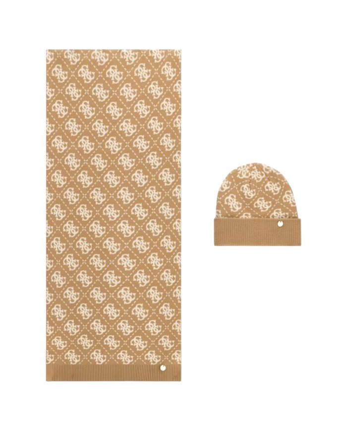 Sciarpa E Cappello Donna Guess Box 4 G Logo Latte Beige